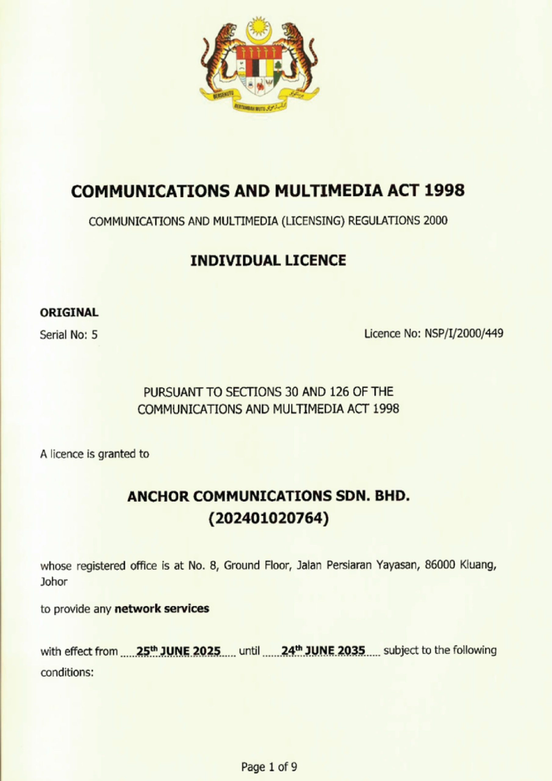 Sijil NSP Anchor Communications